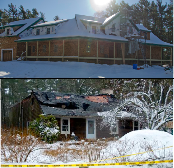 Now and then: "It looked smaller on paper," said Mark Mooney of the family's new house, which is being built on the same site as their previous home. BY GEORGIA SPARLING